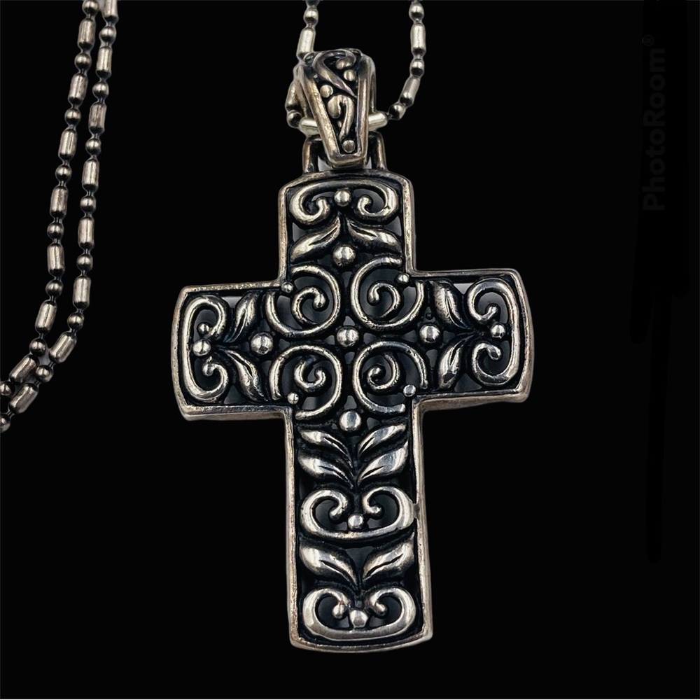 Sterling Scroll And Leaf Design Cross With Bead A… - image 2